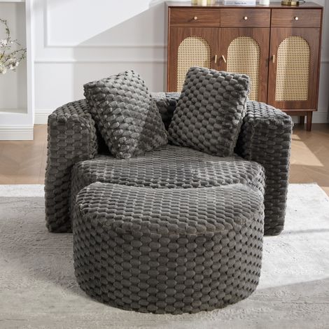 Fauteuil rond en tissu gris foncé avec repose-pieds, design 360°, 130x115x103 cm, sans montage (1/5)