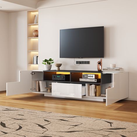 Mobile TV LED 180 x 40 x 48 cm, bianco, con 2 armadi, 1 cassetto e vani aperti DESVIAE (1/5)