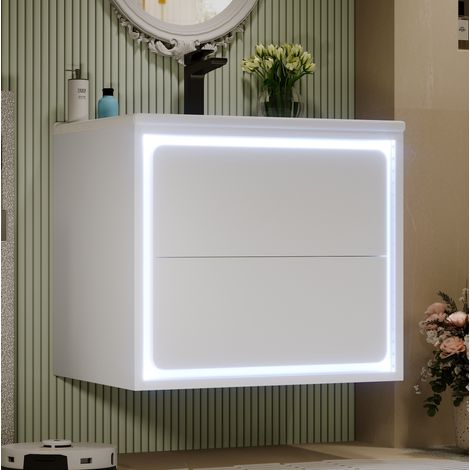 Mueble lavabo mural 60x46x50 cm en MDF y cerámica blanco, 2 cajones, ahorro de espacio – MEUBLIV (1/5)