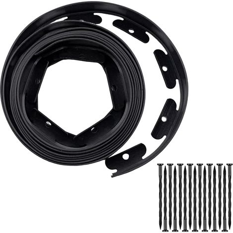 Bordure de pelouse plastique, 5 m x 4 cm, flexible, noire, 15 clous plastique, jardin, pelouse, parterre de pierres (1/5)