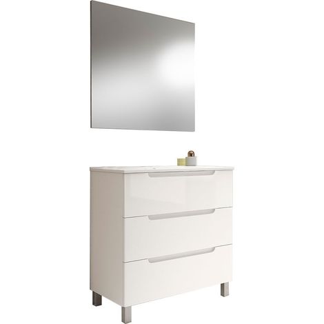 Kibath Mueble de baño con Lavabo, Espejo y Aplique LED VICTORIA 80x45 cm acabado BLANCO mate 3 cajones con patas (1/5)