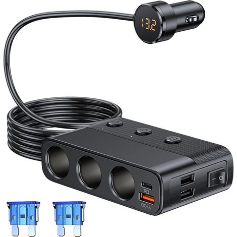 127W Adaptateur de Prise Allume-Cigare 3 Prises/USB QC 3.0 /PD/Dual USB,12V/24V Multiprise de Voiture de Allume Cigare avec Interrupteur Individuel et Voltmètre LED (1/5)