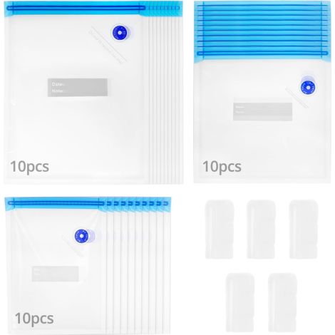 30 Pièces Sacs sous Vide réutilisables, 3 Tailles Sac Congelation sous Vide avec Valve et Fermeture éclair, pour Fruits, légumes, Filament d'imprimante 3D (1/5)