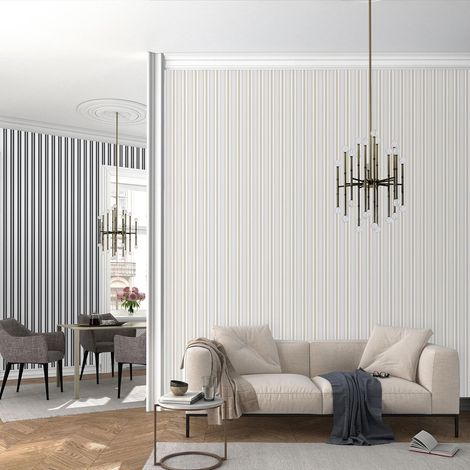 Papier peint rayures beige & gris chambre adulte | Tapisserie rayures beige idéale salon | Papier peint rayé intissé salon (1/2)