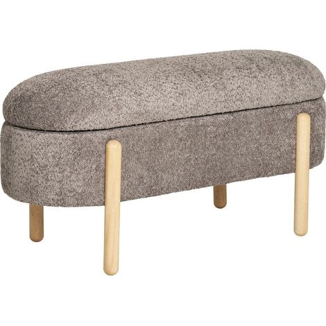 BRENDA - Banc-Coffre en Tissu Bouclettes Taupe Pieds Bois Naturel (1/5)