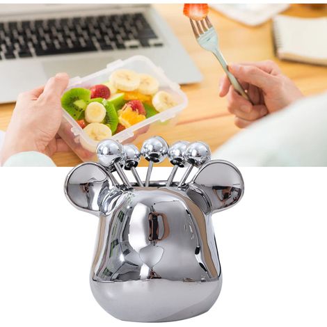 Aufbewahrungsglas für Obstgabeln, niedlich, aus Keramik, in Tierform, mit 6 Edelstahlgabeln für die Küche, mit Teddybärkopf als Sockel, silberfarben (1/5)