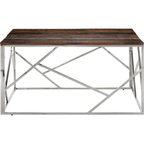 Table basse Table de salon Table de café argenté acier inoxydable et bois de mélèze massif (1/5)