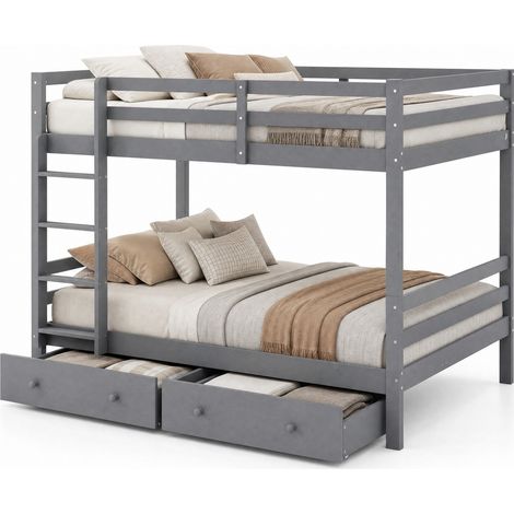 Cama litera 140x200 cm con cajones, almacenaje bajo la cama, escalera práctica y barandillas altas, acabado gris, en pino y MDF, ideal para dormitorio infantil - CHICFURN (1/5)