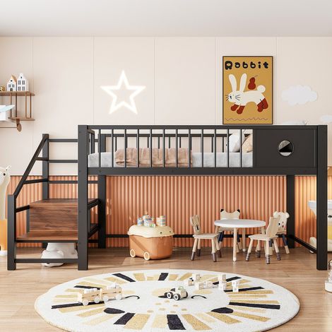 Cama alta infantil 90 x 200 cm - Escalera con espacio de almacenamiento y ahorro de espacio - Estilo moderno y elegante - Estructura de metal y MDF - Negro (1/5)