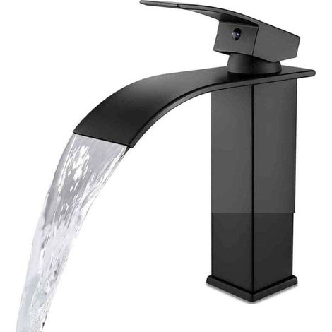 Robinet de salle de bain avec deux tuyaux d'entrée - Eau froide et chaude - Design cascade moderne - Corps de valve en cuivre noir durable. (1/4)