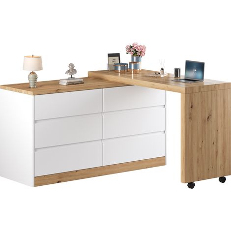 Bureau d'angle Chêne et blanc en bois, Avec Étagères Réglables et 6 Tiroirs, 120 x 50 x 78cm - pour bureau, chambre (1/5)
