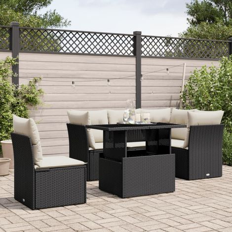 Ensemble Salon Jardin 6 Places Noir Résine Tressée avec Coussins Crème - Table Réglable Hauteur Modulable (1/5)
