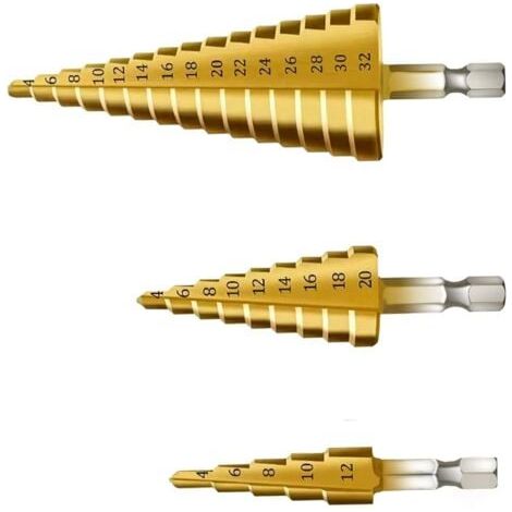 3PCS Foret Fraise Meche Etage, Triangle Conique Titane Foret Fraise, 4-12/20/32 mm, HSS Inox Metal, Pour Visseuse Percage sur Acier, Laiton, Bois (1/5)