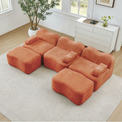 Divano modulare a U 3 posti con 2 pouf, schiuma ad alta densità 32D, velluto arancione HAVRYA (1/5)