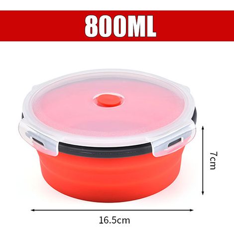 (Rouge 800ml) Boîte à lunch ronde en silicone, pliable avec couvercle, portable, compatible avec le micro-ondes. (1/5)