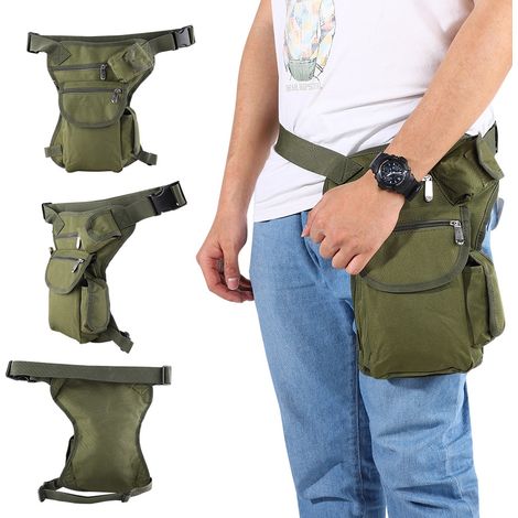 Sacoche de cuisse multipoches à rabat de taille, style militaire, utilitaire, pour moto et course (vert armée) (1/5)