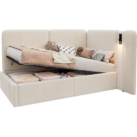 CHICFURN Lit banquette 90x200 cm en velours beige avec coffre de rangement hydraulique, lampe de lecture orientable, ports USB-C, sommier à lattes, chambre enfant (1/5)