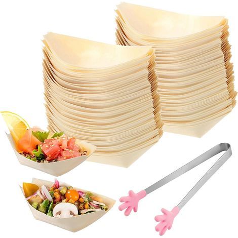 Set di 200 ciotoline biodegradabili in legno di pino per antipasti, ideali per salsicce, patatine fritte e sushi, 8,5 x 6 cm. (1/5)