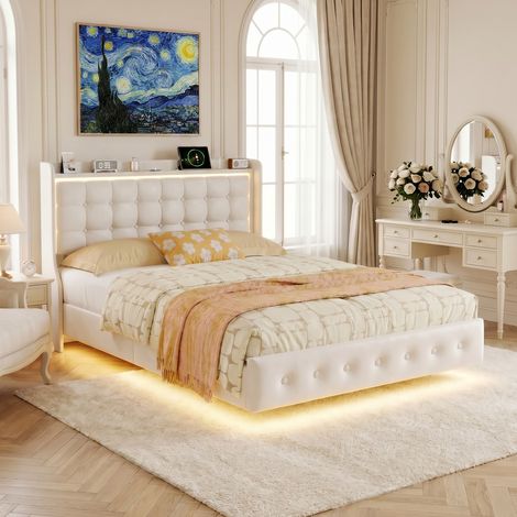 Letto matrimoniale 160x200 cm con illuminazione LED e porta USB, giroletto sospeso in velluto, testiera imbottita con mensola contenitore, rete a doghe, letto moderno per adulti - Bianco