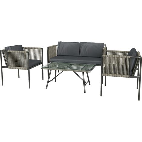 GagaSalon de jardin 4 pieces canape 2 fauteuils table basse verre rotin synthetique gris (1/5)