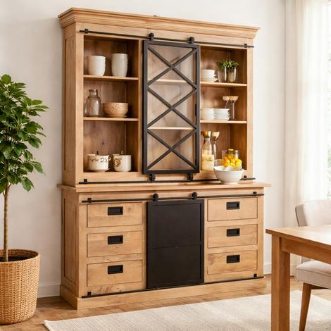 Vaisselier bois métal style atelier à portes coulissantes 160 cm CAMDEN (1/5)