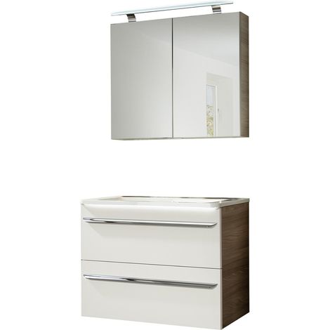 Fackelmann LUXOR Badmöbel Set 3-teilig 80 cm, Braun/Weiß + LED-Spiegelschrank"-"90211145 (1/4)