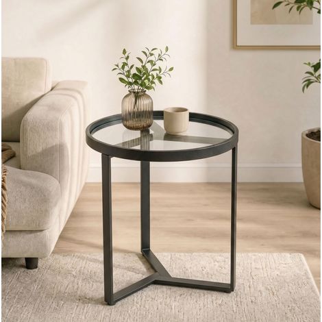 Table d’appoint ronde avec plateau en verre trempé, structure géométrique en métal, noir OKMYHOME (1/5)