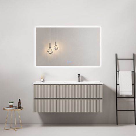 Mobile bagno sospeso cannettato 120 cm Grigio Cenere Lavabo a Destra in Ceramica Specchio Quadro Retroilluminato - Fiji Paint (1/4)