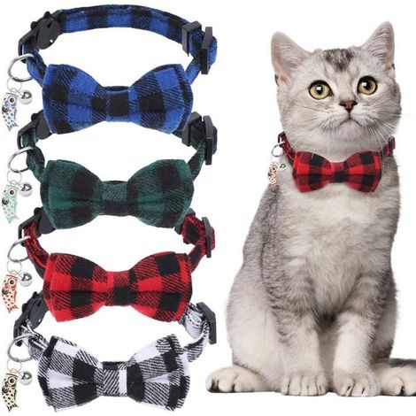 4 colliers classiques à carreaux pour chat avec clochettes, collier détachable réglable de 17,8 à 30,5 cm,collier avec nœud
