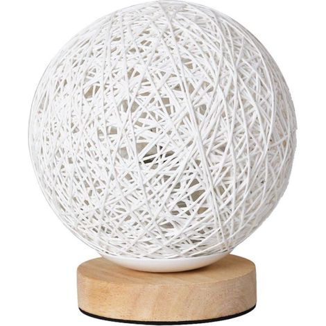 Lampe de chevet sphérique LED 15 cm en rotin avec prise USB – Veilleuse d'ambiance 3 couleurs avec variateur, abat-jour en lin et base en bois (1/4)