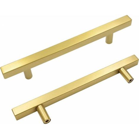 Lot de 10 Poignée de Meuble Cuisine Laiton Poignée Tiroir Laiton Brossé - Poignée Entraxe 128mm Poignee Meuble Dorée en Acier Inoxydable avec Vis