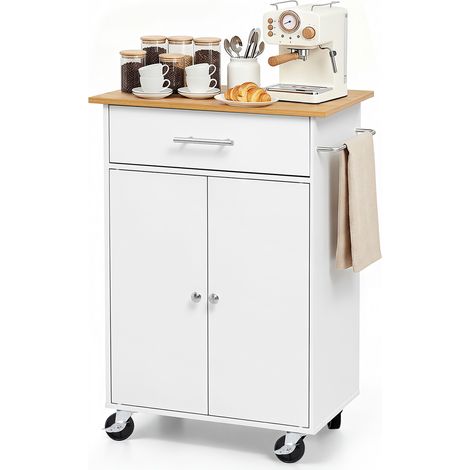 VEVOR Kücheninselwagen mit 1 Schublade & 2 Türen Weiß Mobile Kücheninsel, Küchenwagen mit Schrank, Handtuchhalter, Tischplatte (600 x 380 x 15 mm) & Haken fürs Esszimmer, Küche, Mobiler Servierwagen (1/5)