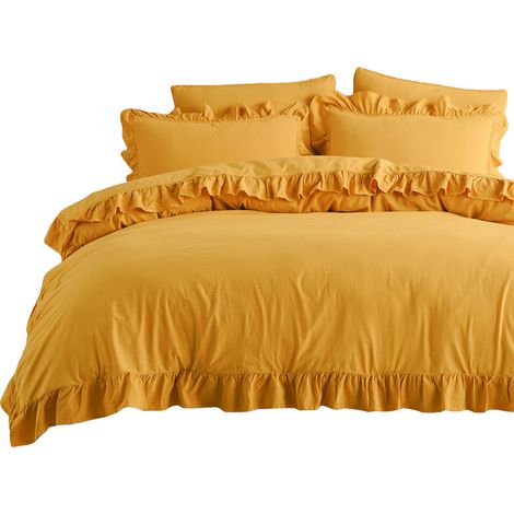 Bettwäsche-Set 160x200 cm, 100 % gekräuselte Baumwolle mit Rüschen, zitronengelb (1/4)