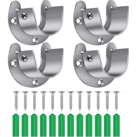 Ensemble de 4 supports de penderie en acier inoxydable, barre en forme de U, support robuste de 3,2 cm de diamètre avec renforts d'extrémité, livré avec 12 vis pour supports de penderie antirouille (1/5)