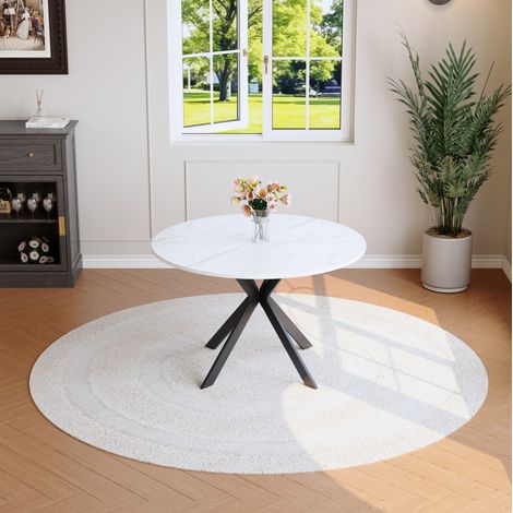 MEUBLIV Table à manger ronde 110 cm blanche – effet marbre, pied X noir en métal (1/5)