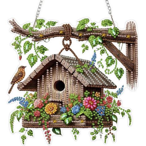5D Diamond Painting Vogelhaus mit Blumen, Fensterbild Anhänger Deko-Set