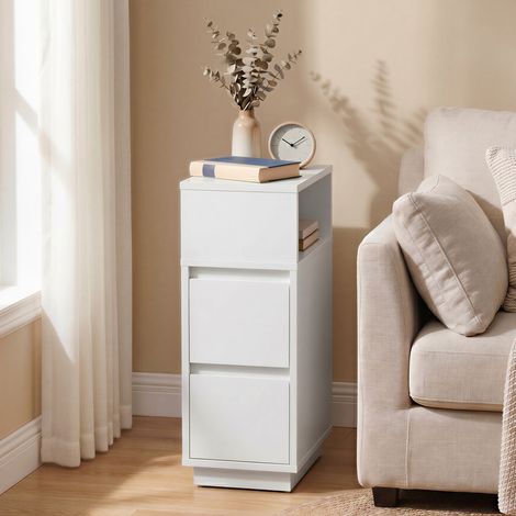 Table de Chevet Étroite, Lot de 2, Montage à Gauche ou à Droite, avec 2 Tiroirs, Compartiment Ouvert, Blanc (1/5)