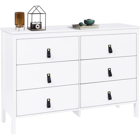 Idmarket – Commode enfant 6 tiroirs 115 cm – Bois blanc avec poignées effet cuir noir – Dimensions tiroir L.48 x l.28.5 x H.12.5 cm (1/5)