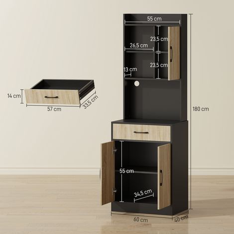 Meuble de cuisine avec plan de travail et passe-câbles, commode de cuisine moderne avec tiroir, 3 étagères ouvertes, bois naturel, noir (1/5)
