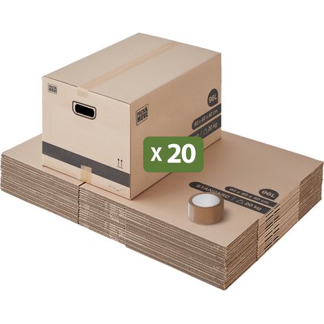 Lot de 20 cartons déménagement L larges 40 x 60 x 40 cm – Poignées renforcées – Capacité 15 kg – Carton ondulé robuste – Pack And Move