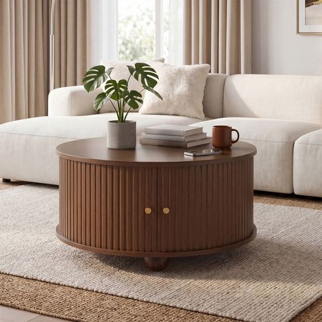 Table Basse Ronde 72x72cm -  Effet Cannelé avec 2 Portes Coulissantes et 4 Compartiments, Pieds Métalliques - Style Rétro Bois - Marron (1/5)