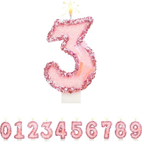 Bougie 3ème anniversaire - Papillon - Bougie d'anniversaire - Rose - Décoration de gâteau d'anniversaire (1/5)