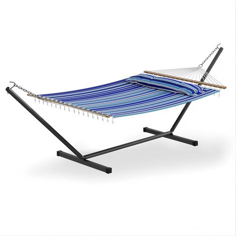 Hamac 2 Places de Luxe avec Support Extérieur - Largeur 145 cm - Toile Confort Premium - Charge Max 204 kg - Jardin - Bleu (1/5)