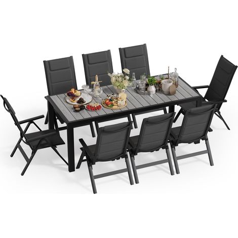 Salon de Jardin Extérieur : 1 Table en Aluminium Imitation Bois + 8 Chaises Longues Pliantes. Solide et Durable. Idéal pour Les Balcons, Les Jardins et Autres Espaces Extérieurs. (1/5)
