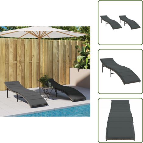 The Living Store Chaises longues lot de 2 avec coussins gris résine tressée - Chaise Longue - Transats - Lit De Bronzage - Mobilier De Jardin - Résine Tressée