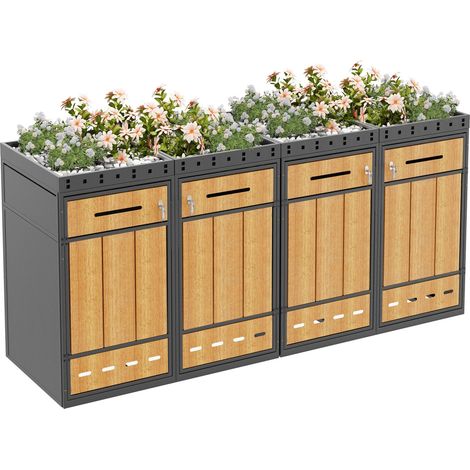 Mülltonnenbox 4er Set für 120-240L Mülltonnen, Mülltonnenverkleidung mit Pflanzdach, Stahl Mülltonnenschrank in Holzoptik Grau