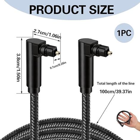 Optical Audio Cable, Right Angle 360° Swivel Optical Cable, Optical Cord for DVD, Speakers, Subwoofer and Soundbar, 1m (1/4)