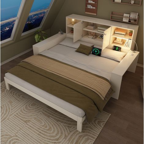 Tagesbett 90x200 cm Weiß aus MDF und Sperrholz mit Ausziehbett, Stauraum und USB-/USB-C-Anschlüssen (1/5)