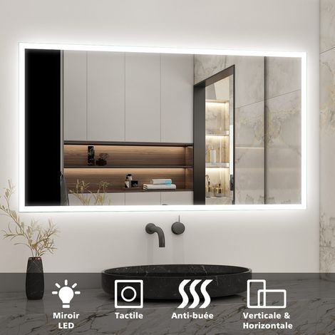 Biubiubath – Miroir de salle de bain rectangulaire 120cm x 70cm – Illumination LED 6000K blanc froid – Anti-buée – Montage invisible