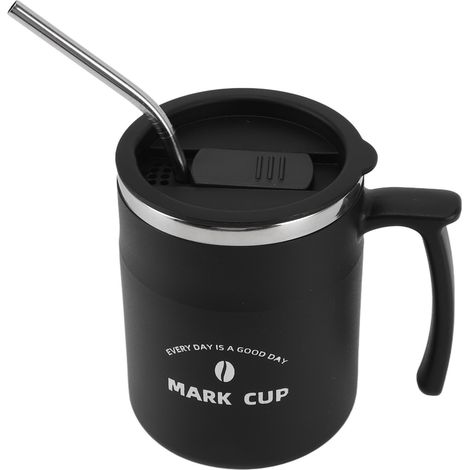 Großer, auslaufsicherer Edelstahl-Kaffeebecher für Paare mit Deckel und Strohhalm, ideal für Büro, Reisen und Zuhause, Schwarz (1/5)